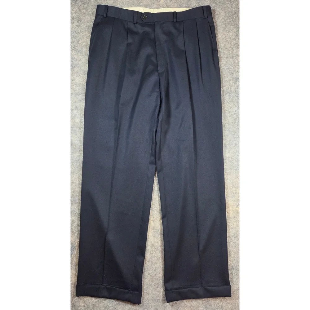 Polo Ralph Lauren University Club Mens Navy Blue Pleated Cuffed Wool Pants 36x31